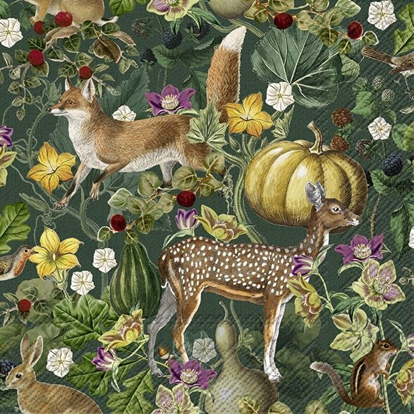 4 x Single COCKTAIL Napkin/3-Ply/25cm/Decoupage/Autumn Glory/Deer/Fox/Pumpkins
