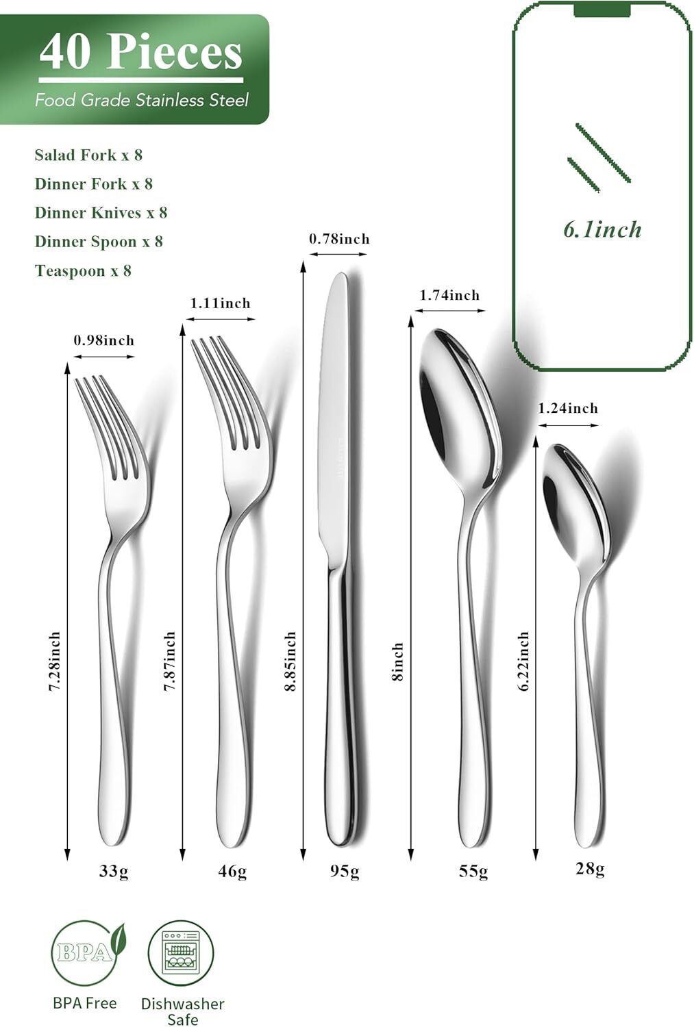 40 Piece 8 Person Silver StainlessSteel Flatware Set withMirror Polished Cutlery