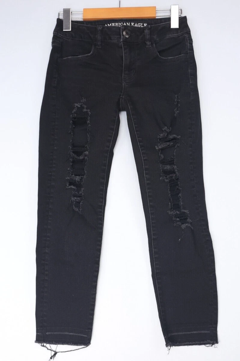 American Eagle Jeans Women Size XS 0 Black Super Stretch Jegging Crop Distressed