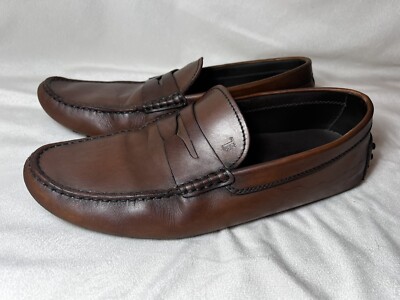 Tod s Gommino Driving Loafers Mens 9 Shoes Moccasins Brown Leather Slip On FLAW