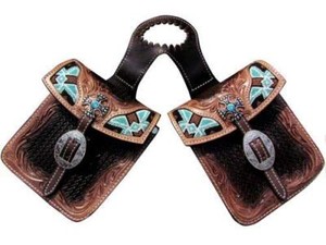 Showman ® Basketweave tooled leather horn bag with beaded inlay.