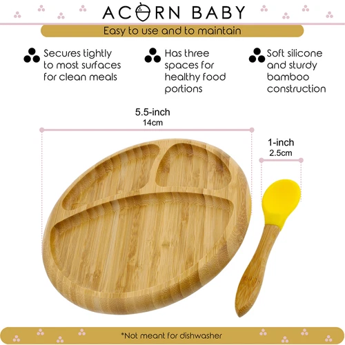 Acorn Baby Bamboo Toddler Plates with Spoon in Yellow - Baby Plates with Suction - Picture 4 of 8