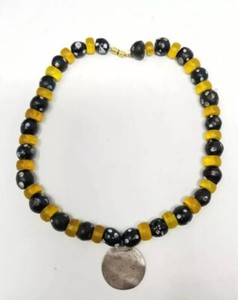 ANTIQUE AFRICAN TRADE BEAD NECKLACE INLAID GLASS COIN PENDANT- Tribal Jewelry