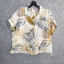 C&C California Linen Brown Leaves Palm Cropped Hawaiian Shirt Womens Large Short