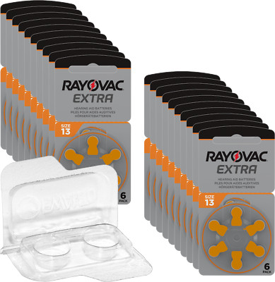 120 Rayovac Extra Advanced Hörgerätebatterien PR48 orange 13 + Box für 2 Zellen