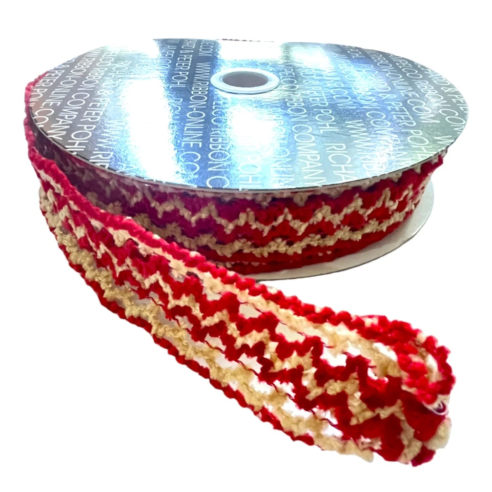 Vintage Chenille Ribbon Wired Red Beige 1.5" X 20 Yards Crafts Wreath Floral Art - Image 3 of 4