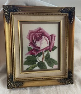 Vintage Japanese Bunka Embroidery Art Rose Floral Ornate Gold Framed BAS 14x12
