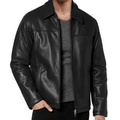 Men's Simple Black Real Genuine soft Leather Biker Jacket Slim Fit Zipper Style