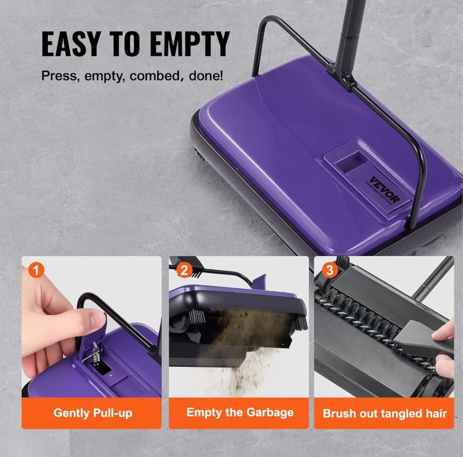VEVOR Carpet Sweeper Manual Floor Sweeper w/ 300ml Dustbin 6.7in Cleaning Width