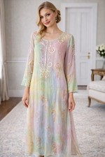 Vintage Sheer Silk Tunic Midi Dress Kaftan Sz S Ombre Pastel Hand Beaded Sequin