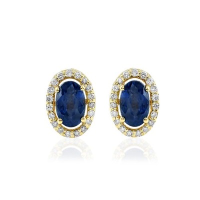 Massive 14K Gelbgold echte ovale blaue Saphir Halo Diamant Ohrstecker für Damen