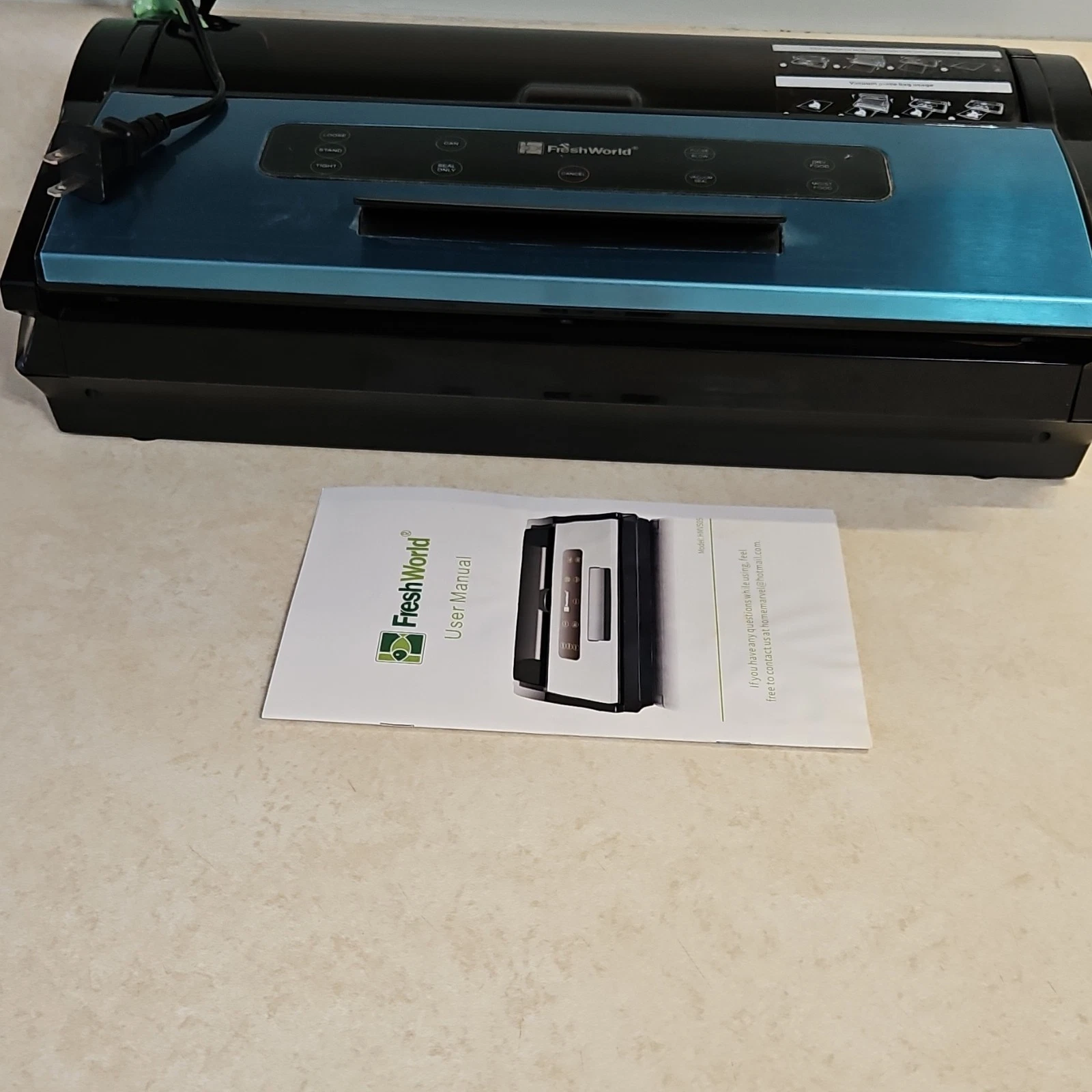 FreshWorld Vacuum Sealer Machine Blue Black Electric Unit with User Manual