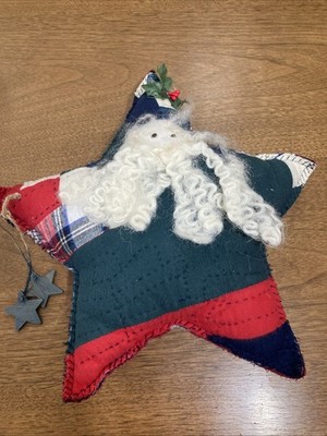 Vintage Handmade Rustic Quilted Christmas Decorative Pillow Star Shaped W/ Santa