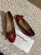 Salvatore Ferragamo Vara Bow Pumps Red Patent Leather Block Heel US 6.5 B EU 37