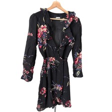 Reformation Black Floral Ruffle Wrap Mini Dress Long Sleeve Viscose Womens M
