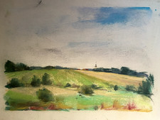 ::FRANZ EHMKE 1928 - 2018 BERLIN PASTELL FELD UND HÜGEL KIRCHTURM