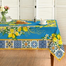 Summer Tablecloth 60 84 Inch Rectangular, Blue Yellow Lemon Vintage Pattern Wash