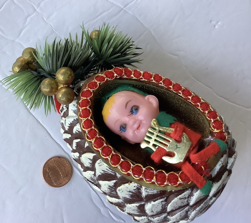 Vtg * Large Glitter Pinecone Elf Pixie Sachet Ornament * Greenery Accent
