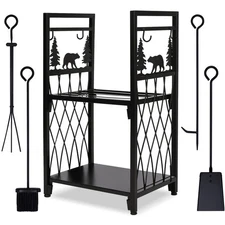 Firewood Rack with 4 Fireplace Tools, Fireplace Tool Sets Log Rack Outdoor He