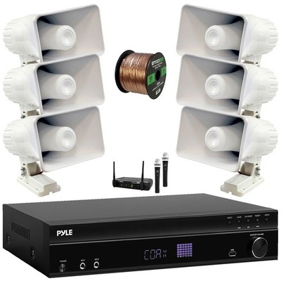 Pyle Bluetooth USB-A Receiver, 6x 8'' 65W Power Indoor PA Horn Speakers + Mic