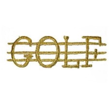 IRON ON PATCH APPLIQUE - GOLF WORD IN METALLIC GOLD 3 1/2" across x 1 1/8" high