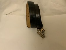 BRIGHTON Women's Black Crocodile Print Embossed Leather Belt w/ Leaf Buckle sz M