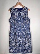 Hobbs Sleeveless Blue White Patterned Pleated Dress Size 14 Jacquard Occasion