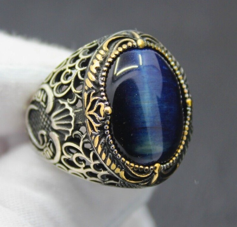 Blue Tiger's Eye Stone Solid 925 Sterling Silver Men's Ring | eBay