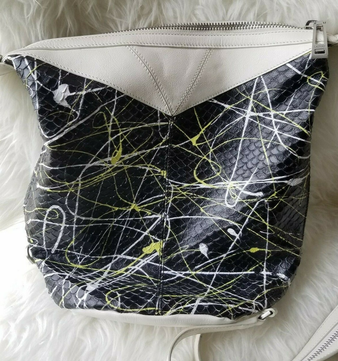 Botkier Coco Rocha Reptile Leather London Backpack Sling Bag Paint Splatter $448 Botkier London Coco Rocha Leather Backpack, Green and White  main image 3