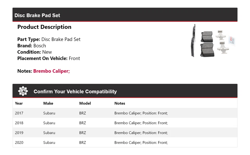 Передние полуметаллические тормозные колодки для Subaru BRZ Bosch 2017-2020 годов выпуска тихие 2018 - Изображение 2 из 4