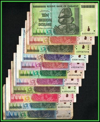 Set Di 9 Banconote Dello Zimbabwe Iperinflazionate - 10, 20, 50, 100 Trillion, 1-50 Billion Dollari, 2008