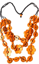 Large Chunky Tribal Boho Multi Wood Shell Beaded Bead Flower Orange Necklace 13