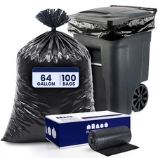 Heavy-Duty 64-65 Gallon Black Trash Bags, 1.2 Mil, 100 Count