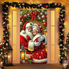 Christmas Door Cover Decoration - Santa  Mrs. Claus Backdrop, 71 X 35 Inch Hang