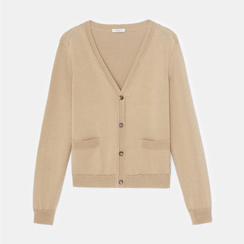 Cárdigan Lafayette 148 New York Mezcla Seda Parche Bolsillo Cuello en V en Beige 3X Foto 4 de 4