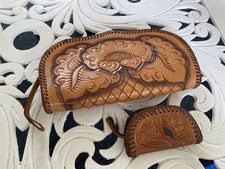 Vintage Tooled Leather floral design bag case or wallet and coin purse