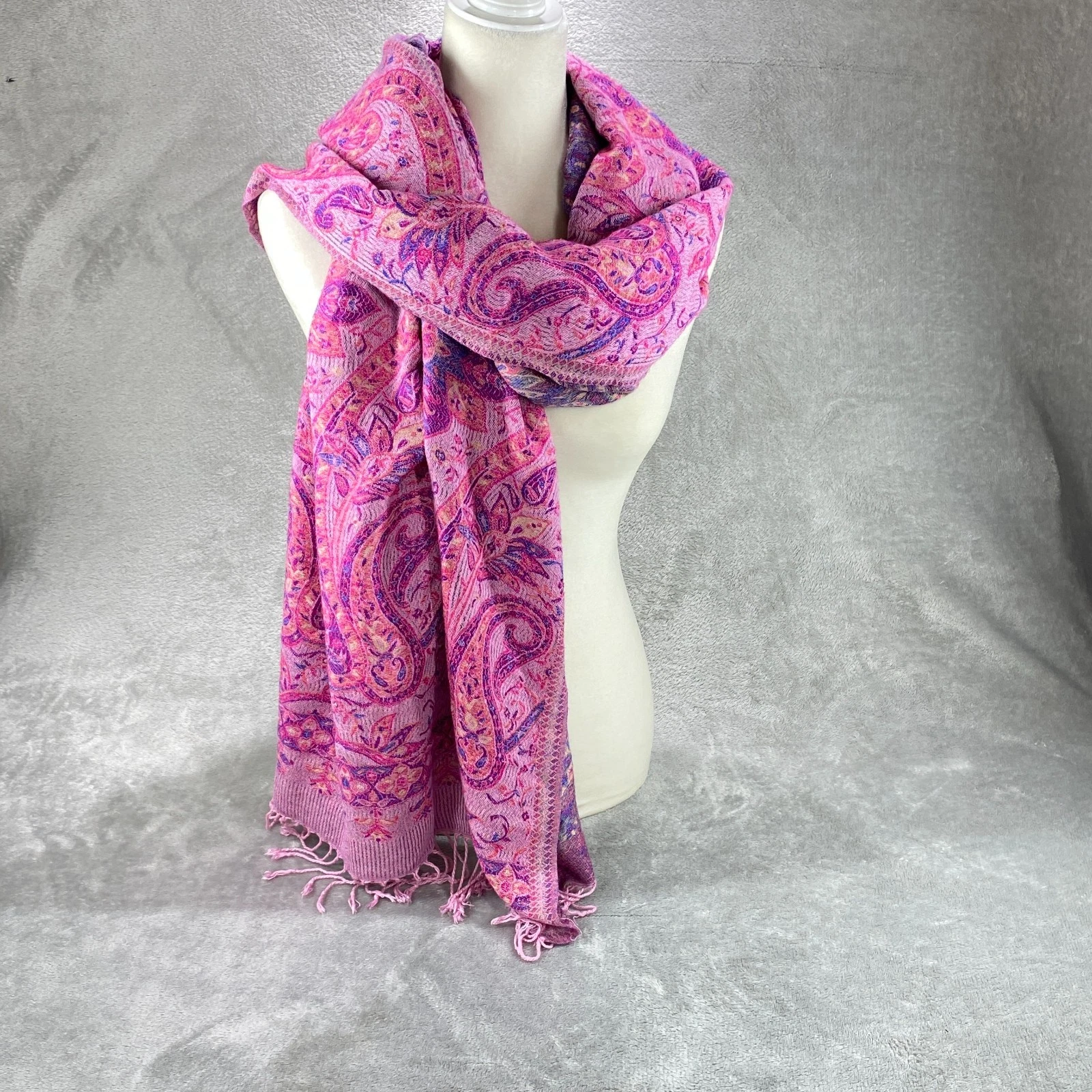 Jerusalem Scarf Wrap Shawl Womens 27''W 68'' L Pink Blue Cashmere Fringe Trim
