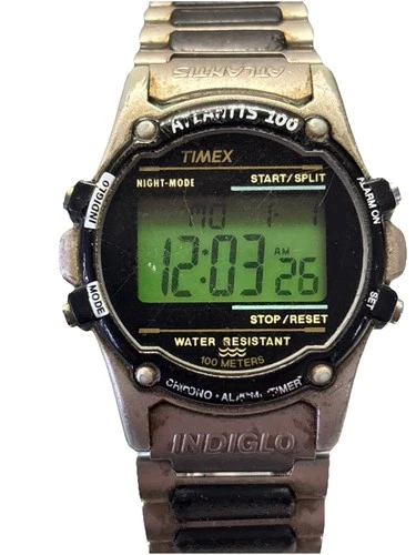 Vintage Timex Atlantis 100 Watch Men Silver Tone Black Indiglo New Battery 1996