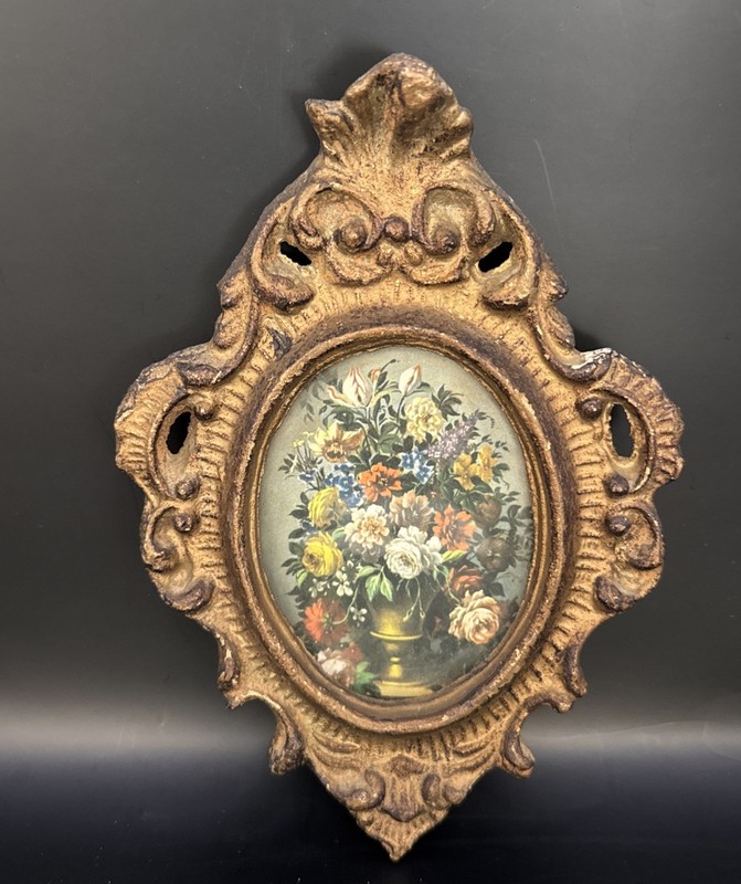 ANTIQUE VINTAGE WOOD CARVED ITALIAN OVAL FRAME GILDED Floral Print 5.5” X 7.5”