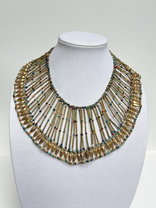 Vintage Egyptian Revival Bib Collar Necklace Gold Tone Faience Beads Cleopatra