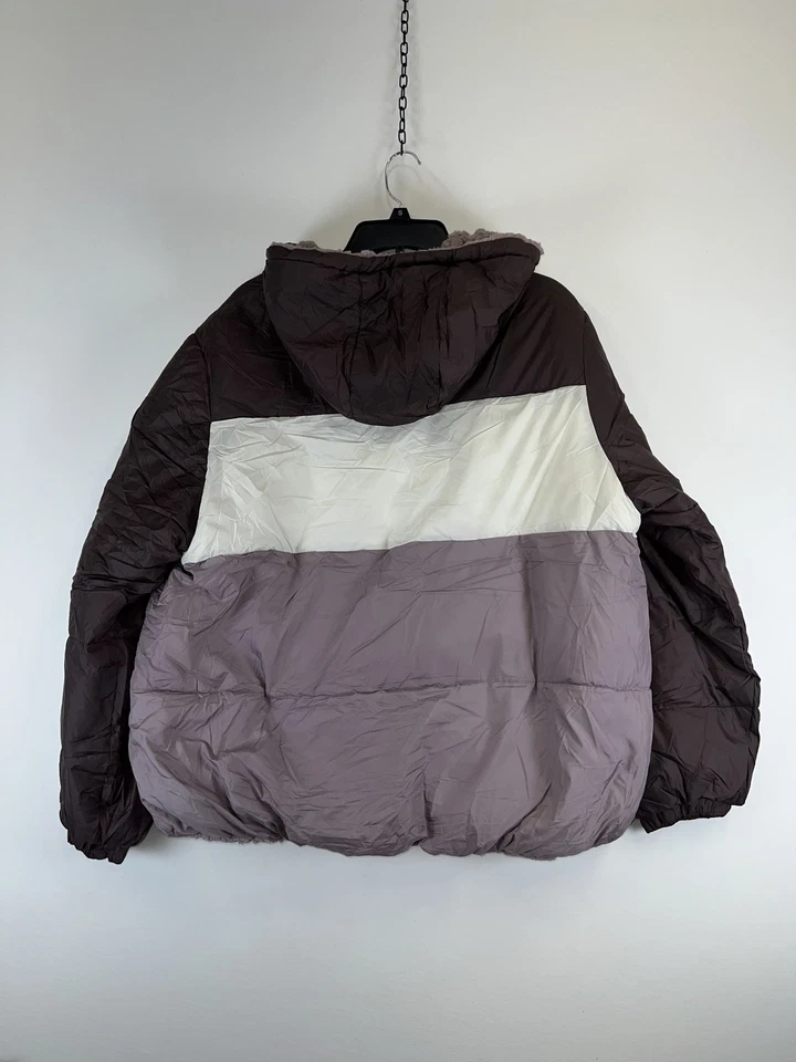 Reebok Jacket Mens XL Brown Ivory Hooded Puffer Sherpa Lined Winter Coat Warm - Image 2 of 4