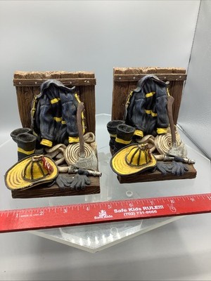 Firefighter Gift 1998 Red Hats Of Courage Bookend Set Vintage Fire Gear Resin