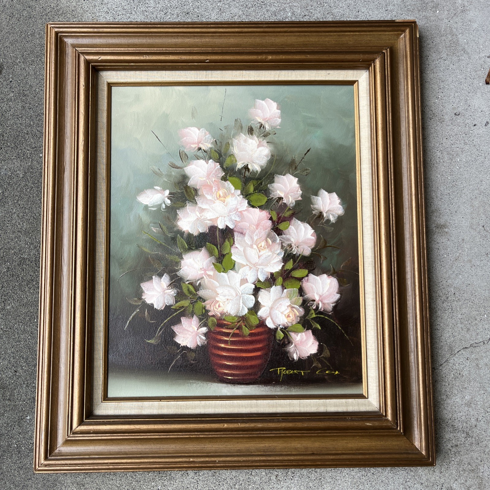Signed Robert Cox Floral Painting 28/24 Pink Flowers On Canvas