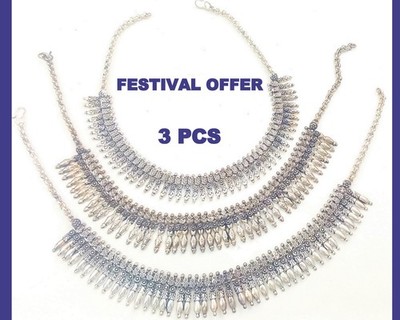 SALE 3 PCS OXIDISED SILVER TONE TRIBAL GYPSY NECKLACE HANDMADE AFGHANI JEWELRY