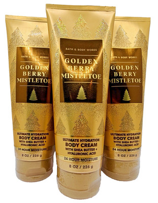Bath & Body Works Golden Berry Mistletoe Body Cream 8 Oz x3