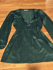 Reformation Nora Silk Dress Emerald Green Deep V Neck Long Sleeve Large