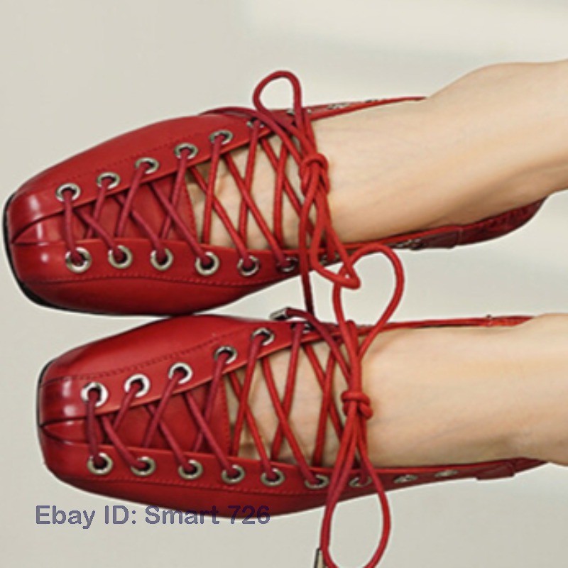 Women Square Toes Lace Up Flat Shoes Ballet Style Shoes Large Size Fashion Shoes