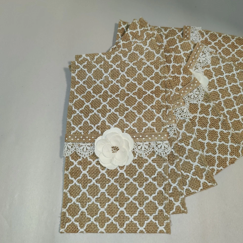 Utensil Pocket Set 8 Pieces Burlap White Quatrefoil Design Flower Embellishment - Image 4 of 4