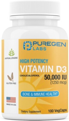 Puregen Labs Vitamin D3 50,000 IU (1250 mcg) 100 Vegetable Capsules