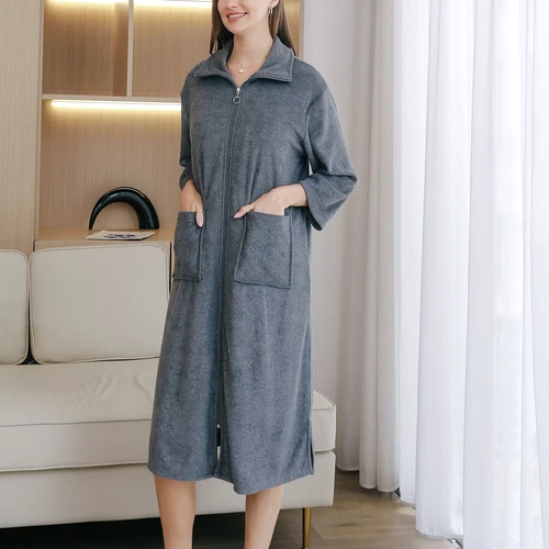 Women's Full Zip Robe 3/4 Sleeve Soft Terry Cloth Comfy Pockets House Coat - Picture 39 of 44